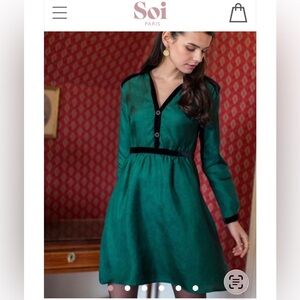 Soi Paris Emerald Silk Fit & Flare Dress w Velvet Trim – XS